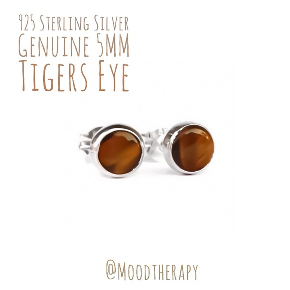 925 Sterling Silver 5MM Genuine Tiger’s Eye Bezel Set Gemstone Stud Earrings - Picture 1 of 8
